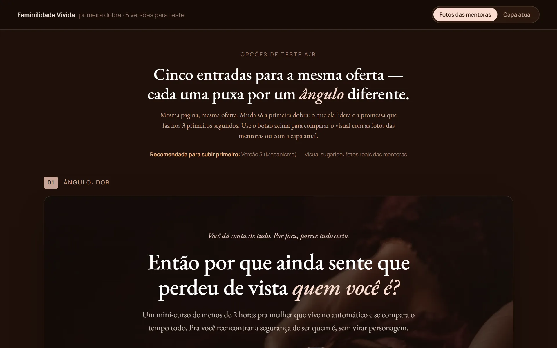 Primeira dobra da página Feminilidade Vivida em tela de computador