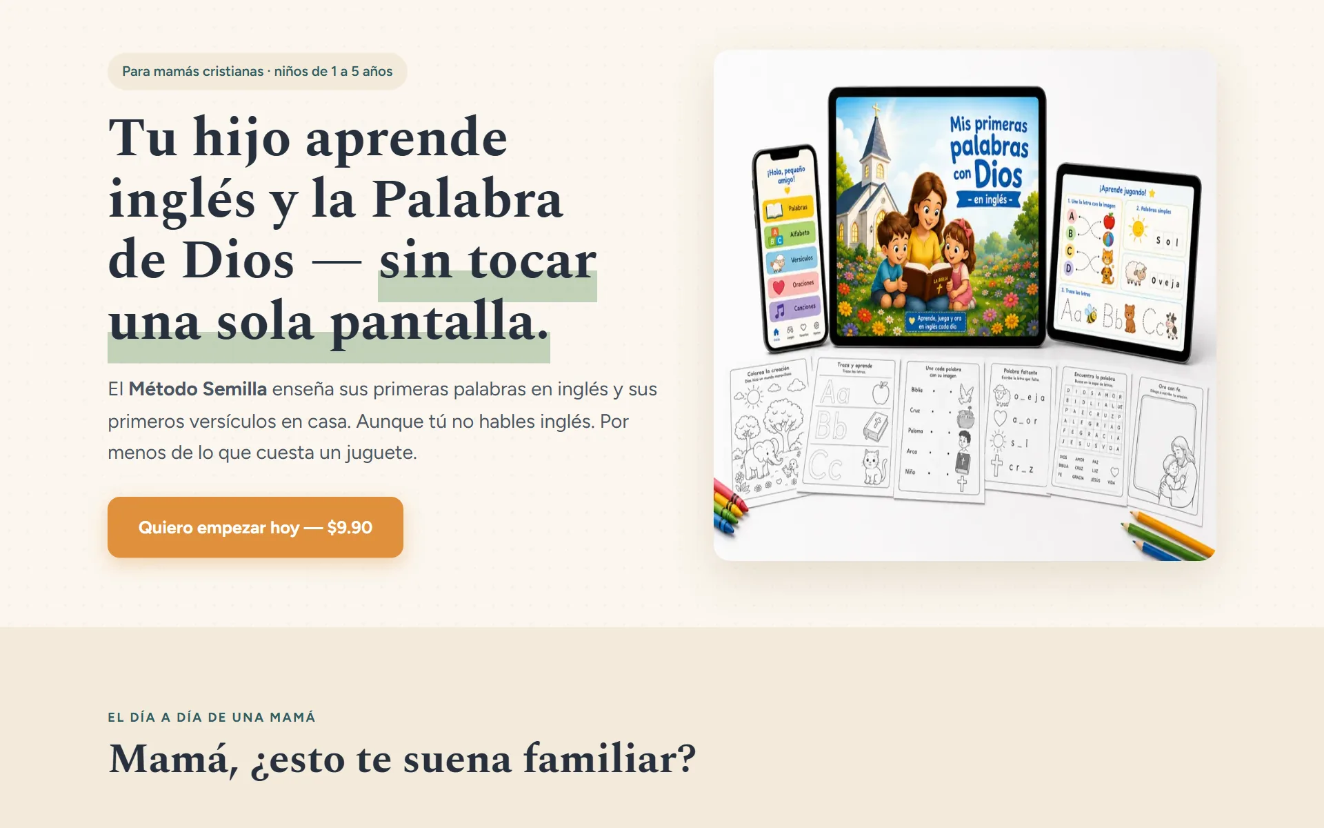 Primeira dobra da página Mis Primeras Palabras con Dios em tela de computador
